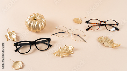 Eyewear fashion. Trendy glasses in plastic and matallic frame on a beige background with golden leaves. Trendy glasses still life, minimalism. Fall fashionable accessories. Optic store discount, sale.