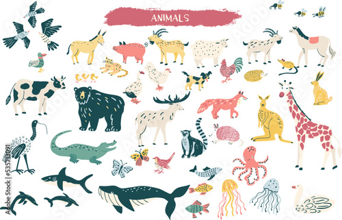 Cartoon vector illustrated animals  - bear, chicken, dog, cat, pig, alligator, giraffe, whale, rabbit, fox and more, Sea animals, forest animals, farm animals, wild animals. 