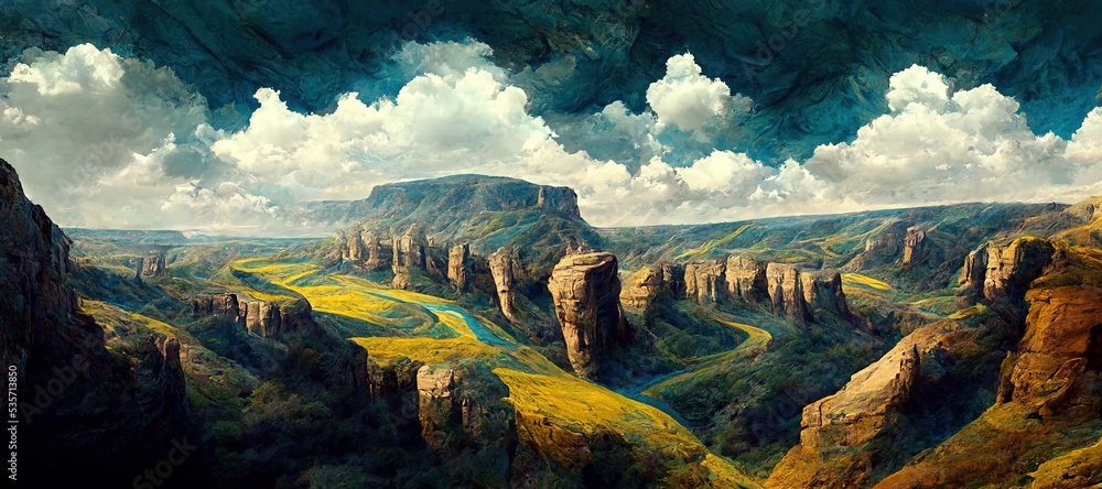 Obraz premium Scenic vista over canyon valley, lush vegetation with surreal summer rain storm clouds forming. Beautiful sedimentary rock formations and steep cliffs. Digital oil paint illustration.