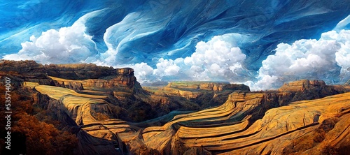 Scenic vista over canyon valley, lush vegetation with surreal summer rain storm clouds forming. Beautiful sedimentary rock formations and steep cliffs. Digital oil paint illustration.