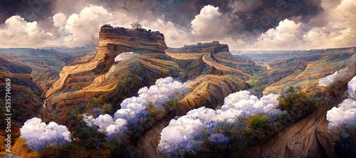 Scenic vista over canyon valley, lush vegetation with surreal summer rain storm clouds forming. Beautiful sedimentary rock formations and steep cliffs. Digital oil paint illustration.