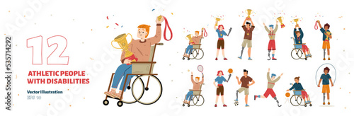 Set of athletic people with disabilities. Diverse paralympic sportsmen with prosthesis and in wheelchair hold gold medals and cups, sport ball, racket and skipping rope, vector flat illustration