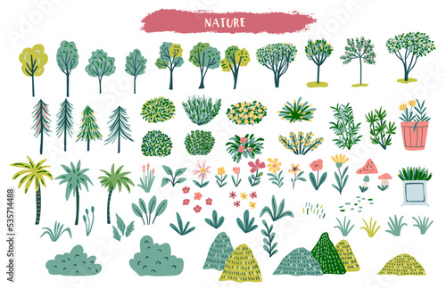 Cartoon vector illustrated nature elements - trees, bushes, palms, flowers, mountains.