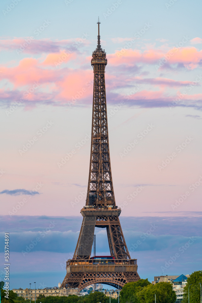 The Eiffel Tower at sunset in Paris. France