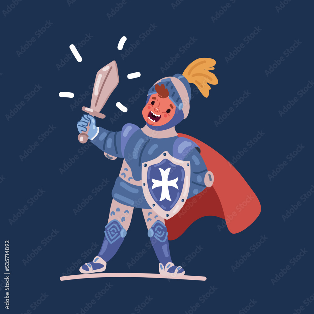 Cartoon vector illustration Small boy knight costume standing with sword in hand