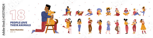 Diverse people love their pets isolated on white background. Happy domestic animals owners hug dogs and cats, hold rabbit, lizard and parrot, vector flat illustration