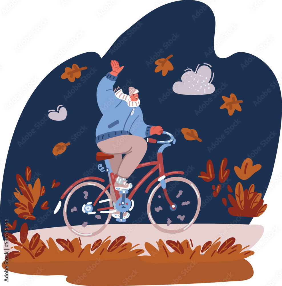 Cartoon vector illustration Rider in the fall weather. Windy and leaves are around him Cartoon vector illustration Rider in the fall weather. Windy and leaves are around him