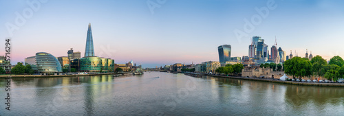 Skyline panorama of London south bank and financial district at sunrise