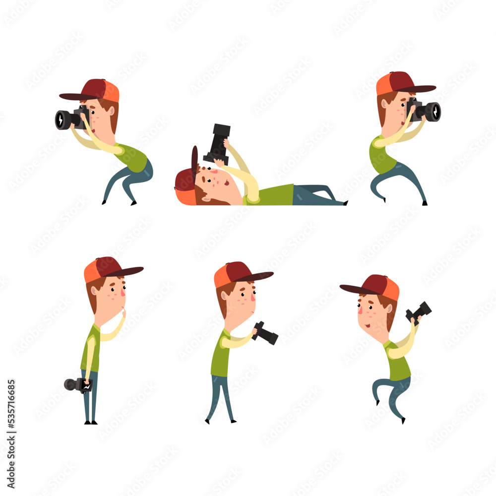 Photographer or paparazzi taking photo with digital camera. Photojournalist, cameraman, blogger or journalist character set cartoon vector illustration