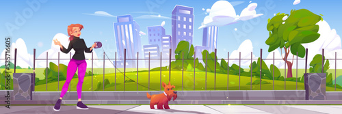 Woman walk with dog in city park. Female character in casual clothes spend time with pet at outdoor public place with cityscape view. Relax, communication with animal, Cartoon vector illustration