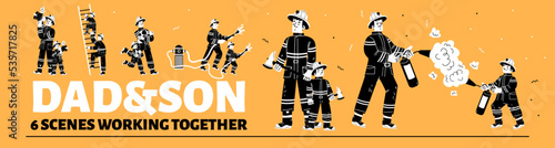 Dad and son characters in fireman costume with extinguisher, hydrant, water hose, axe, ladder. Father firefighter with kid work together, vector black and white hand drawn illustration