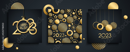 2023 Happy New Year luxury greeting cards set. New Year holiday greetings templates collection with hand drawn lettering and golden christmas balls. Black and gold. Vector illustration.