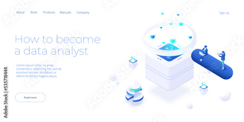 Data analyst or scientist concept in isometric vector illustration. Big data analysis or information processing and analytics. Web banner layout template