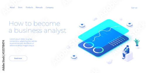 Data analyst or scientist concept in isometric vector illustration. Big data analysis or information processing and analytics. Web banner layout template