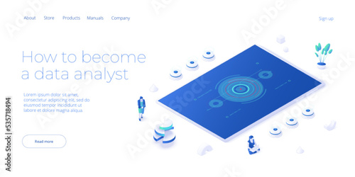 Data analyst or scientist concept in isometric vector illustration. Big data analysis or information processing and analytics. Web banner layout template