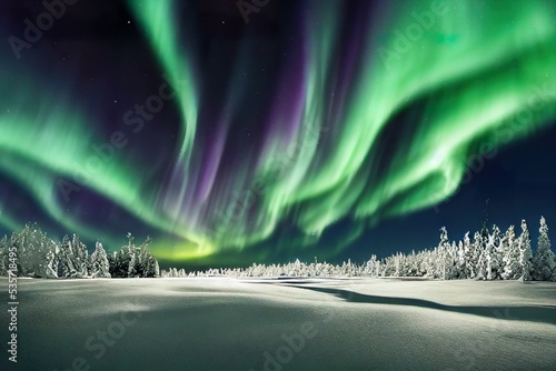 Winter landscape in natural conditions with pine forests. the sea in ice, snow and blizzards. Arctic winter snowy landscape. Northern Lights Aurora Borealis flashes in dramatic night sky. 3D Render. 