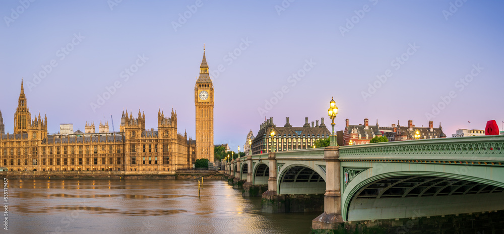 Big Ben and Westminster at sunrise in London. England