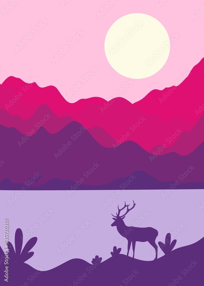 Bright and juicy shades.Beautiful background with mountains and deer.Beautiful mountains,deer and temple.Beautiful temple on the background of mountains. Minimalist background,wallpaper,template with 