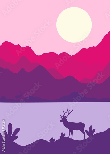 Bright and juicy shades.Beautiful background with mountains and deer.Beautiful mountains deer and temple.Beautiful temple on the background of mountains. Minimalist background wallpaper template with 