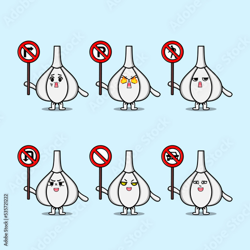 Cute Garlic cartoon character holding traffic sign illustration in modern 3d style design