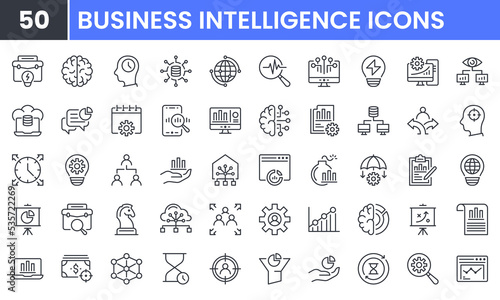 Business Intelligence vector line icon set. Contains linear outline icons like Data Visualization, Data Management and Analysis, Analytic Service, Risk Management, Strategy. Editable use and stroke.
