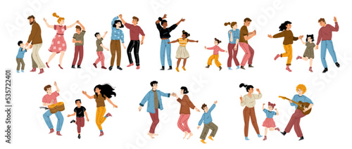 Family dance, rejoice, fun, home party concept with happy parents and kids characters dancing together. Father or mother with children playing guitar and drums, Cartoon linear flat vector illustration