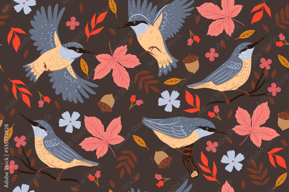 Autumn seamless pattern with leaves, berries and nuthatches. Vector graphics. Autumn seamless pattern with leaves, berries and nuthatches. Vector graphics.