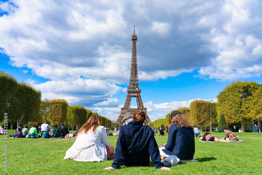 Champ de Mars park overlooking Eiffel Tower in Paris. France