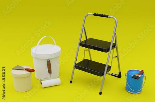 3D illustration, paint cans, spatula, ladder and brush, yellow background, 3D rendering.