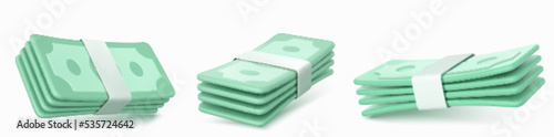 3d render money banknote piles side, front, angle view. Isolated green dollar packs on white background. Paper currency bills, finance, jackpot, salary, Vector illustration in cartoon plastic style