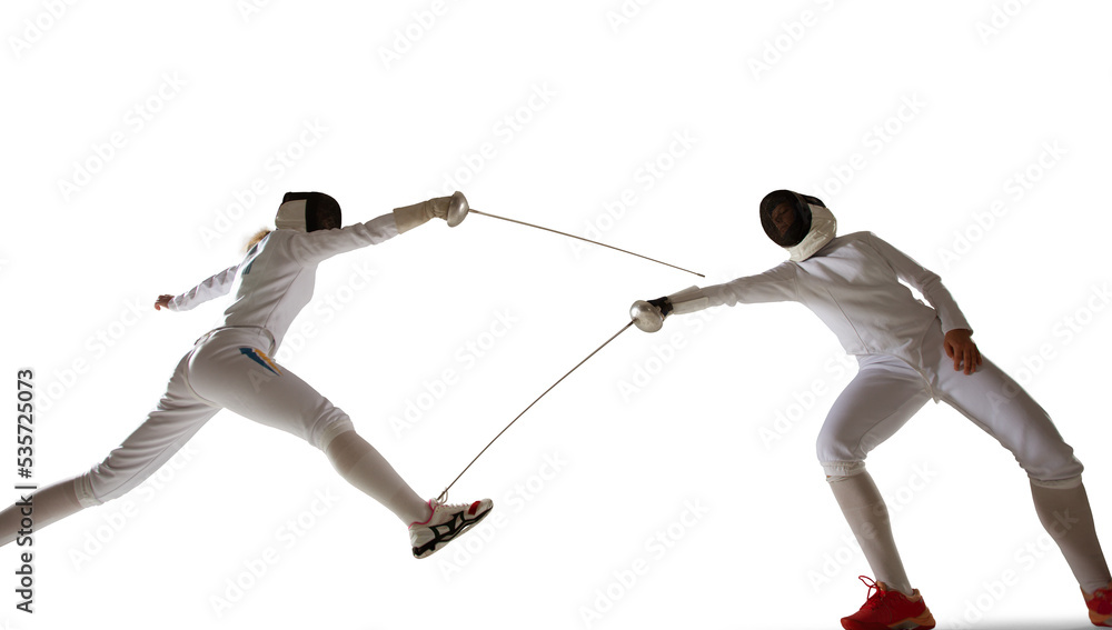 Two female fencing athletes fight isolated on white Two female fencing athletes fight isolated on white