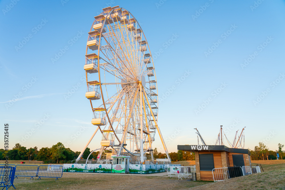Milton Keynes, EnglandAugust 2022 Willen Observation Wheel at sunrise