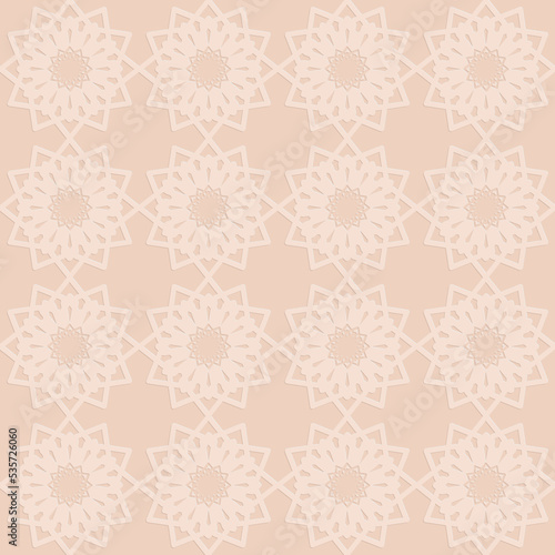 Perforated embossed seamless pattern on beige background, Arabic arabesque style in design