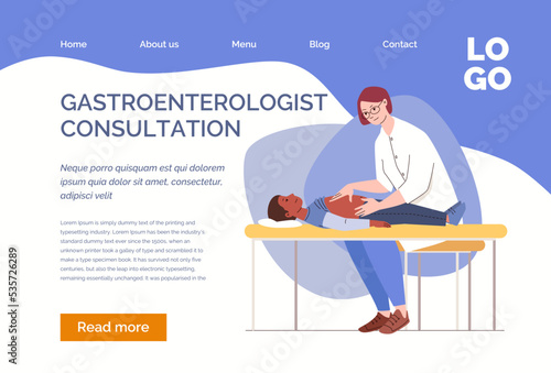 Abdominal diseases. Pediatrician examines patient, feeling body. Child at appointment with surgeon or gastroenterologist. Vector illustration flat cartoon. Landing page template. 
