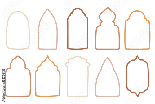 Collection of islamic windows and arches in oriental style with modern boho design, moon, mosque dome and lanterns. Vector illustration.