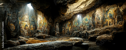 Foto Digital illustration of a prehistoric cave with ancient stone age carvings and engravings on the walls
