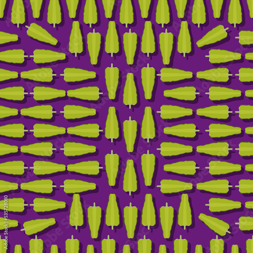 Seamless pattern with whole, half, and slices of Cubanelle pepper. Capsicum annuum cubanelle, cuban pepper, Italian Frying Pepper. Vector illustration isolated on purple background. Flat style.