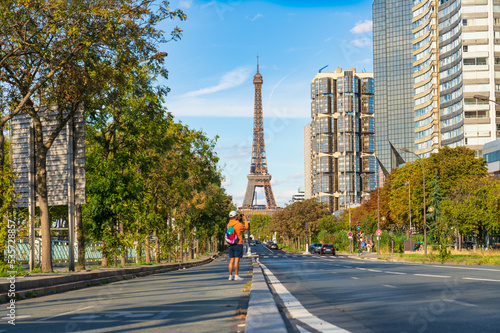 Eiffel Tower viewed across the street in Paris. France