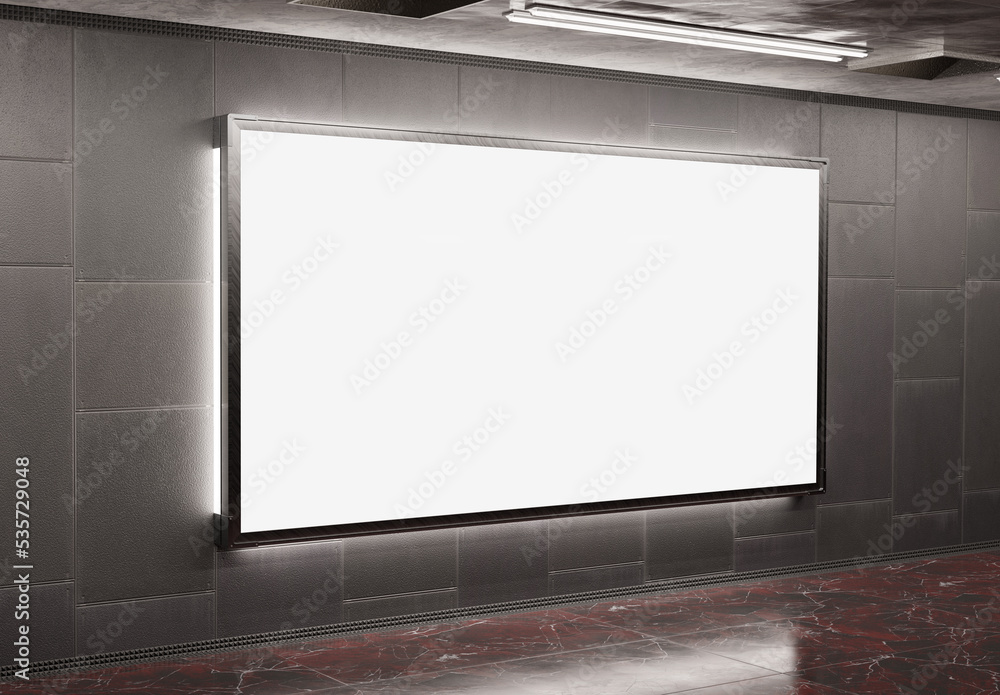 Panoramic billboard on underground subway Mockup. Hoarding advertising hanging on train station interior 3D rendering Panoramic billboard on underground subway Mockup. Hoarding advertising hanging on train station interior 3D rendering