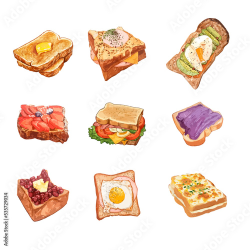Set of watercolor sweet and savory toast sandwich vector illustration