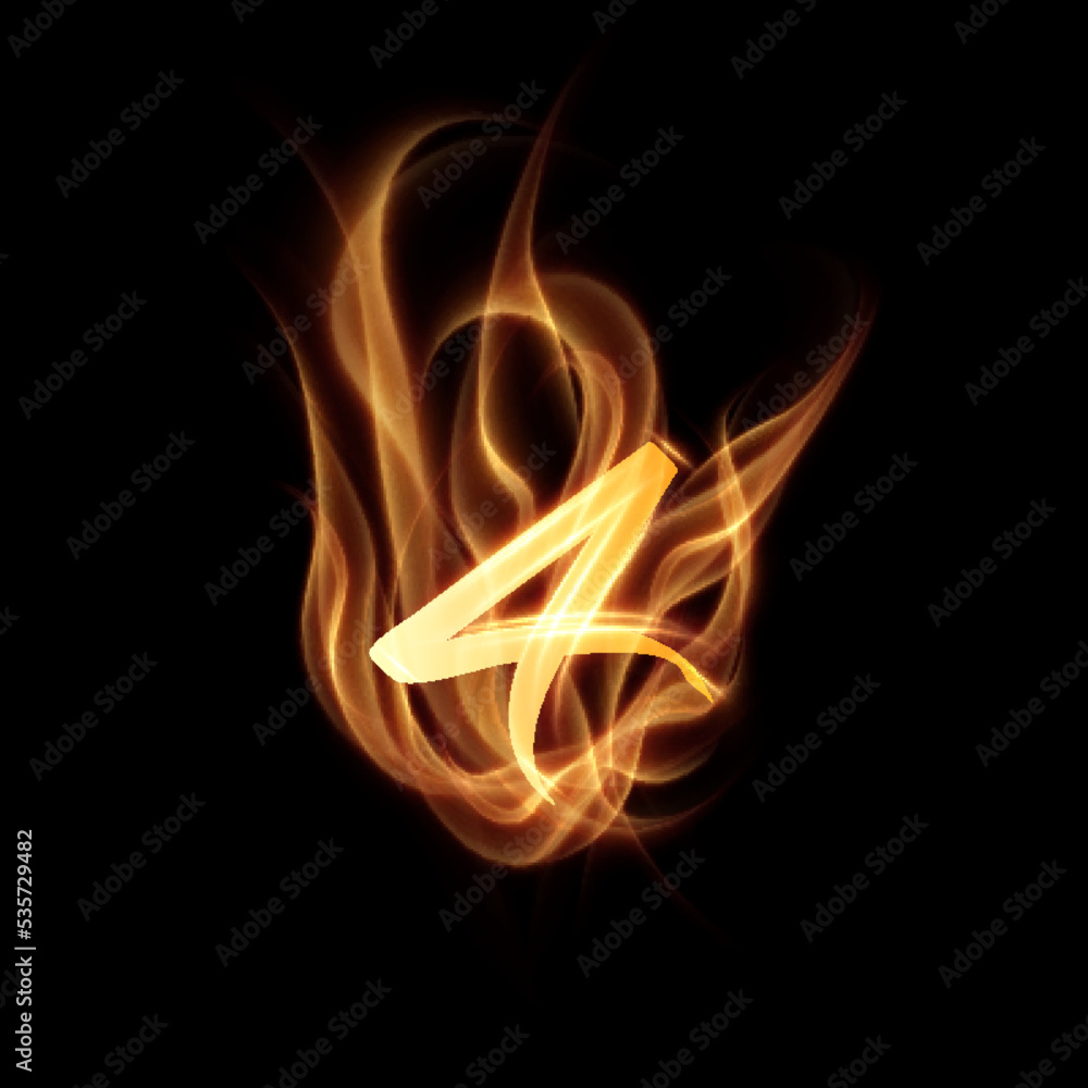 Fototapeta premium Burning fire number 4. Digit four with fire effect on black background. Vector eps10