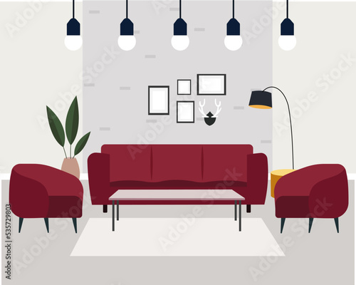 Beautiful Living room interior with furniture design. 5-seater sofa set with beautiful decorative lamp.