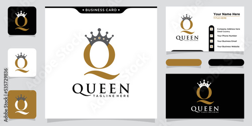 Initial letter q crown gold luxury elegant classic vintage logo design with business card template