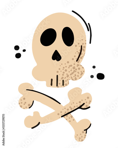 Cartoon human skull and crossbones isolated on white background. Funny ute decorative illustration or design pirate element for Halloween and Day of The Dead. Jolly Roger vector skeleton symbol.
