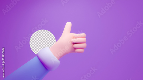 3D Cartoon illustration thumbs up sign commended success gesture, 3d render illustration