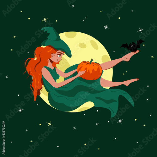 Witch sitting in front of the night sky with stars and moon full. Cartoon vector wizard character with bat and pumpkin. Halloween holiday celebration. Magic on all hallows eve in autumn season.