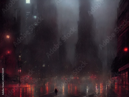Night Gotham in the rain. Oil paints, illustration. photo