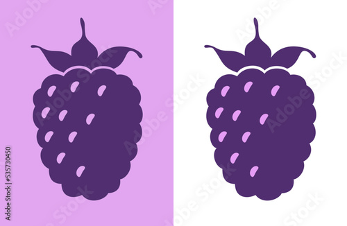 Blackberry. Two vector purple berry silhouettes isolated on lilac and white backgrounds.