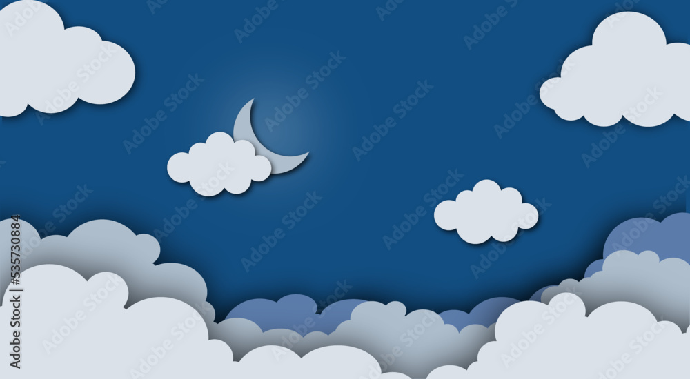 white and transparent clouds in the blue sky with the moon, vector moon with clouds background .paper Cloudy paper cut art style cut, vector illustration. Horizontal background. white and transparent clouds in the blue sky with the moon, vector moon with clouds background .paper Cloudy paper cut art style cut, vector illustration. Horizontal background.