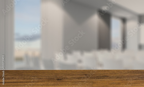 Open space office interior with like conference room. Mockup. 3D. Background with empty wooden table. Flooring. © COK House